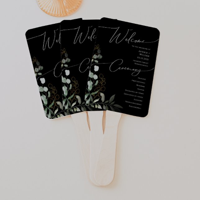 Whimsical Greenery Black and Gold Wedding Program Hand Fan (Creator Uploaded)
