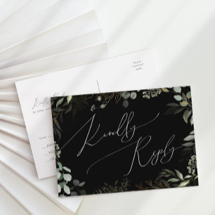 Whimsical Greenery Black and Gold Wedding RSVP Postcard