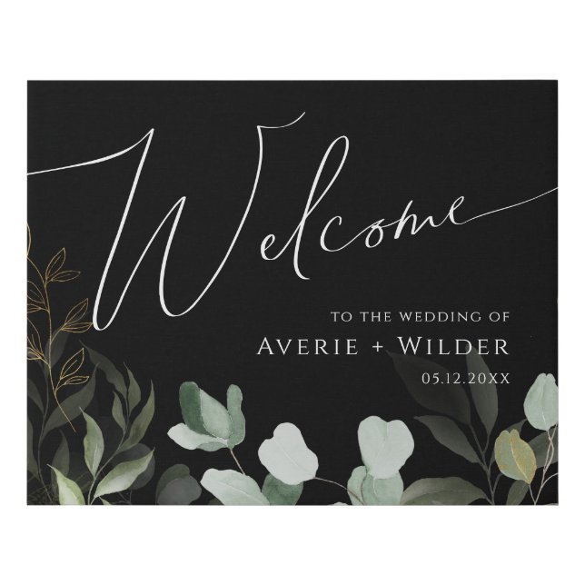 Whimsical Greenery Black and Gold Wedding Welcome Faux Canvas Print (Front)