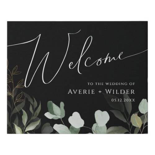 Whimsical Greenery Black and Gold Wedding Welcome Faux Canvas Print