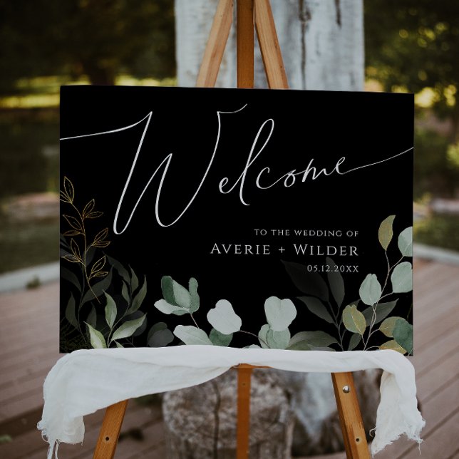 Whimsical Greenery Black and Gold Wedding Welcome Foam Board (Creator Uploaded)