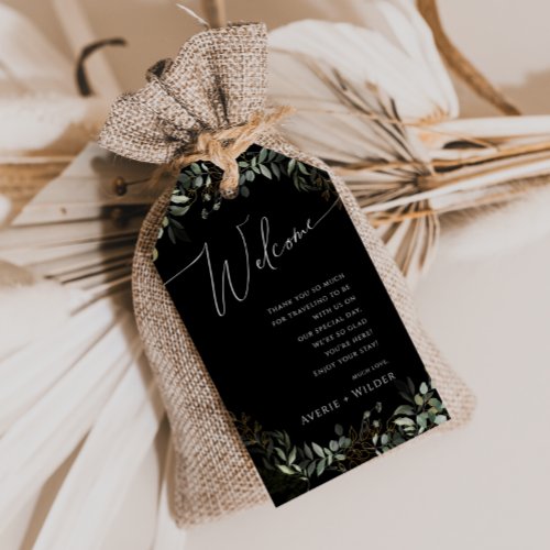 Whimsical Greenery Black and Gold Wedding Welcome Gift Tags