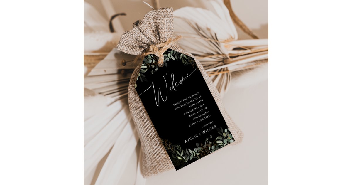 Whimsical Greenery Black and Gold Wedding Welcome Gift Tags | Zazzle