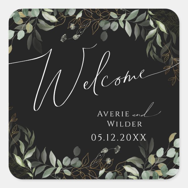 Whimsical Greenery Black and Gold Wedding Welcome Square Sticker (Front)