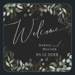 Whimsical Greenery Black and Gold Wedding Welcome Square Sticker<br><div class="desc">Step into a world of enchantment with our whimsical greenery black and gold wedding welcome square sticker, perfect for your botanical spring boho wedding. Adorned with sage green eucalyptus and gold accents, this welcome sticker exudes elegance and modern whimsy. Imagine strolling through a magical summer garden, surrounded by the soothing...</div>
