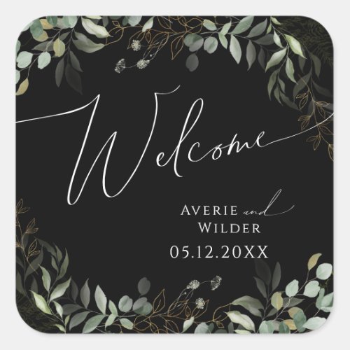 Whimsical Greenery Black and Gold Wedding Welcome Square Sticker