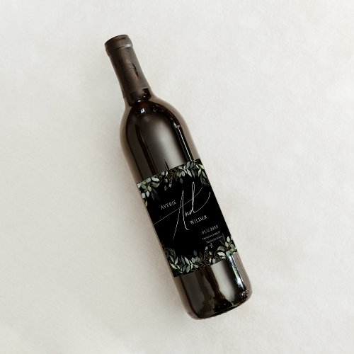 Whimsical Greenery Black and Gold  Wedding Wine Label