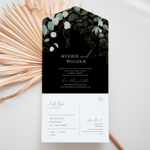 Whimsical Greenery Black Gold Casual Seal And Send All In One Invitation