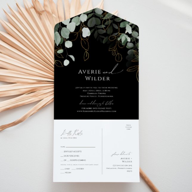 Whimsical Greenery Black Gold Casual Seal And Send All In One Invitation (Creator Uploaded)