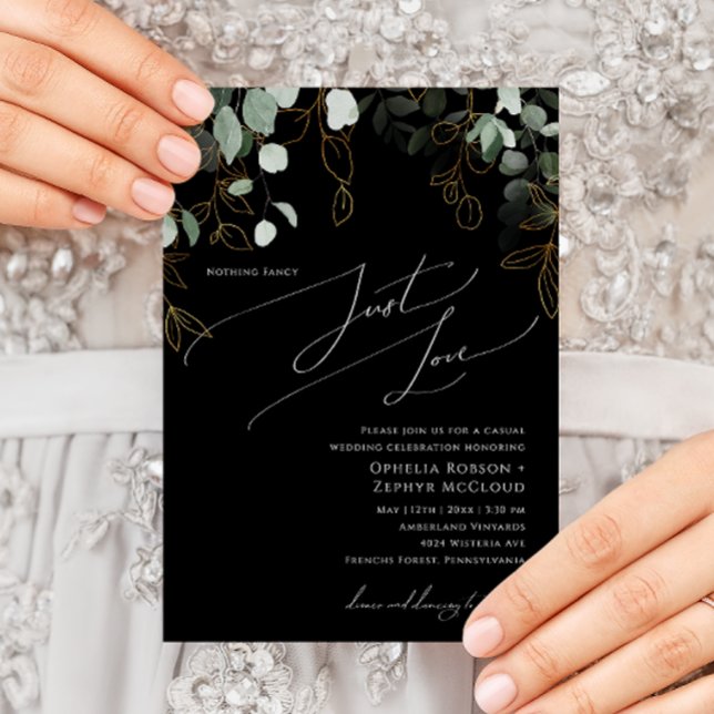 Whimsical Greenery Black Gold Just Love Wedding Invitation (Creator Uploaded)