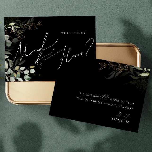 Whimsical Greenery Black Gold Maid of Honor Card (Creator Uploaded)