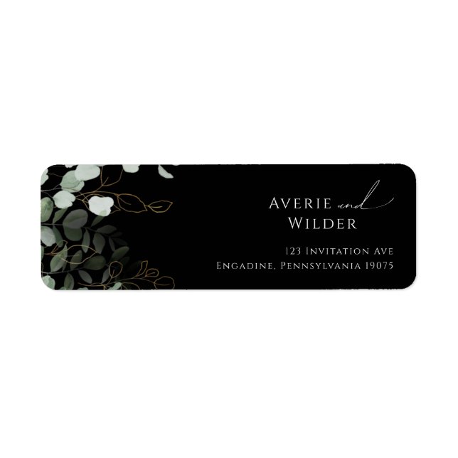 Whimsical Greenery Black Gold Return Address Label (Front)