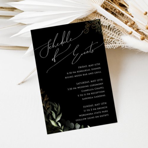 Whimsical Greenery Black  Gold Schedule of Events Enclosure Card