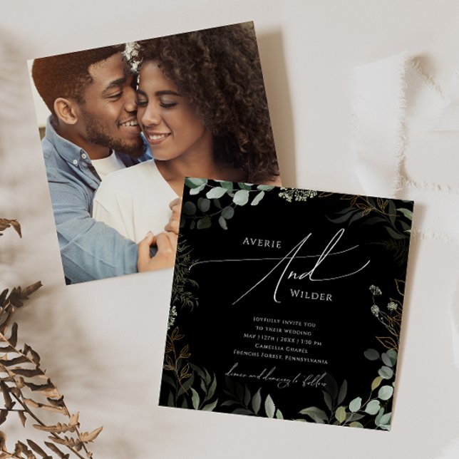Whimsical Greenery Black Gold Square Photo Wedding Invitation (Creator Uploaded)
