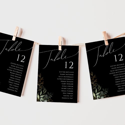 Whimsical Greenery Black  Gold Table Number Chart