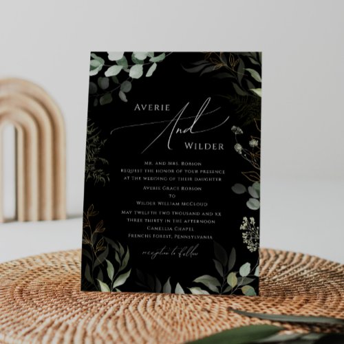 Whimsical Greenery Black Gold Traditional Wedding Invitation