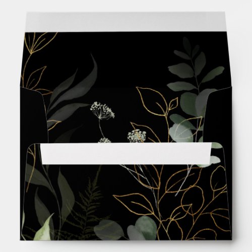 Whimsical Greenery Black Gold Wedding Invitation Envelope