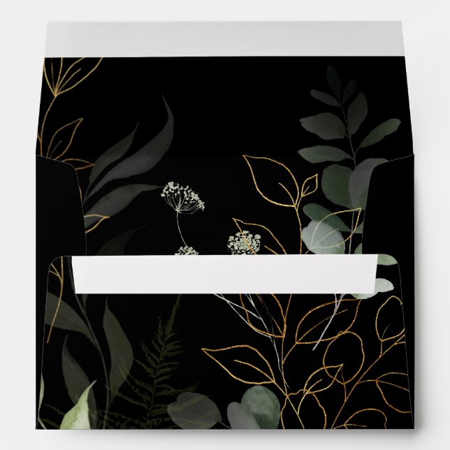 Whimsical Greenery Black Gold Wedding Invitation Envelope (Back (Bottom))
