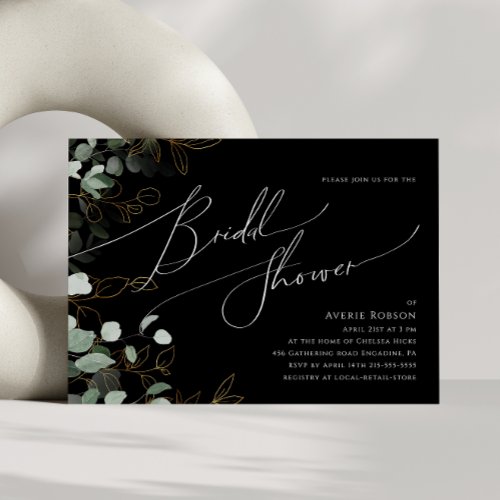 Whimsical Greenery Black Horizontal Bridal Shower Invitation