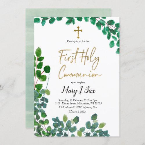 Whimsical Greenery Eucalyptus First Holy Communion Invitation