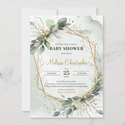 Whimsical Greenery foliage gold geometric Baby Invitation