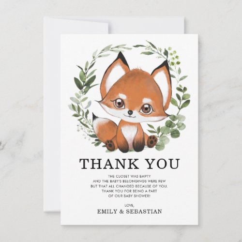 Whimsical Greenery Fox Wild One Forest Baby Shower Thank You Card