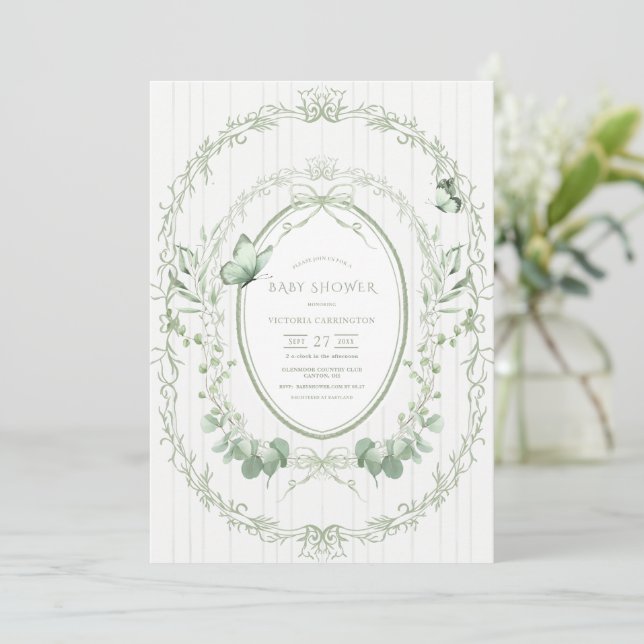 Whimsical Greenery Frame Vintage Baby Shower Invitation (Standing Front)