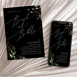 Whimsical Greenery Gold Black Brunch and Bubbly Invitation