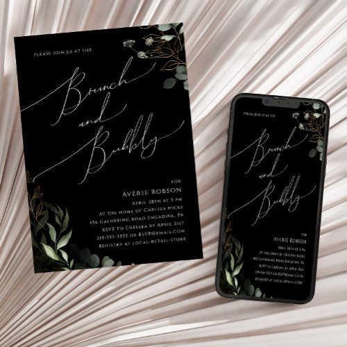 Whimsical Greenery Gold Black Brunch and Bubbly Invitation