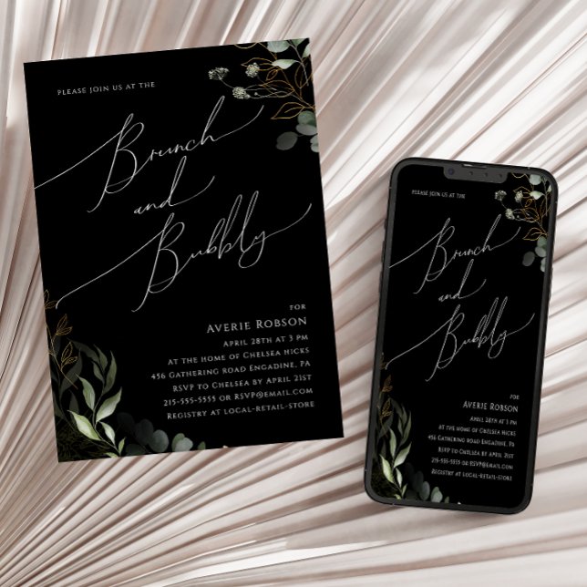 Whimsical Greenery Gold Black Brunch and Bubbly Invitation (Creator Uploaded)