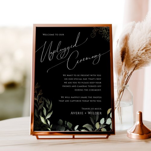 Whimsical Greenery Gold Black Unplugged Ceremony Poster