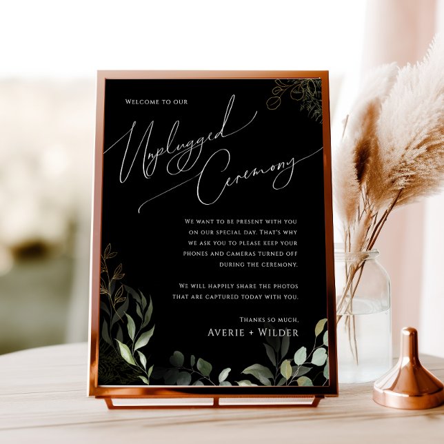 Whimsical Greenery Gold Black Unplugged Ceremony Poster (Creator Uploaded)