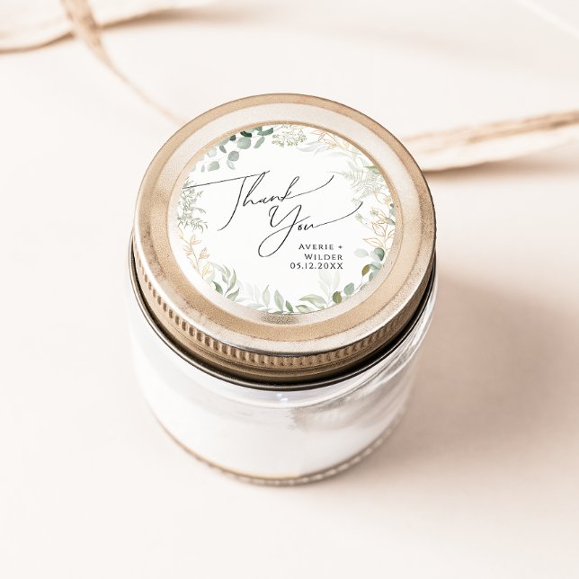 Whimsical Greenery Gold Thank You Wedding Favor Classic Round Sticker (Creator Uploaded)