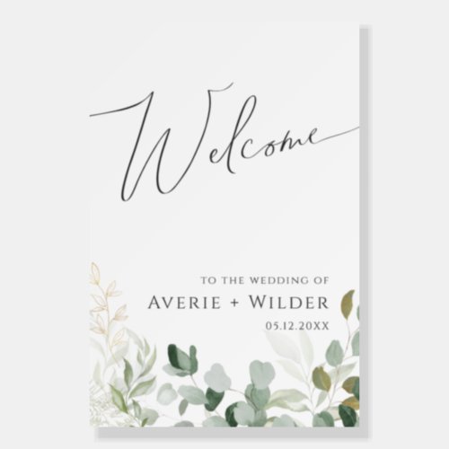 Whimsical Greenery Gold Vertical Wedding Welcome Foam Board