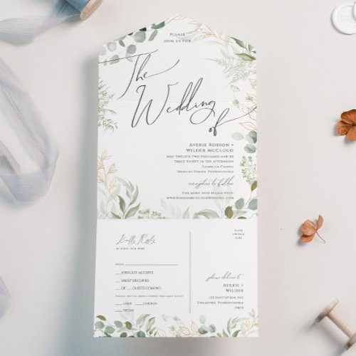 Whimsical Greenery Gold Wedding Of Seal and Send All In One Invitation