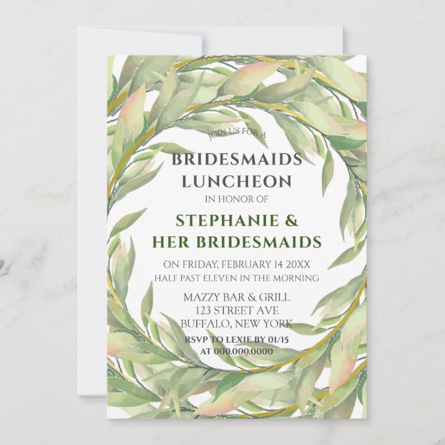 Whimsical Greenery Golden Bridesmaids Luncheon Invitation (Front)