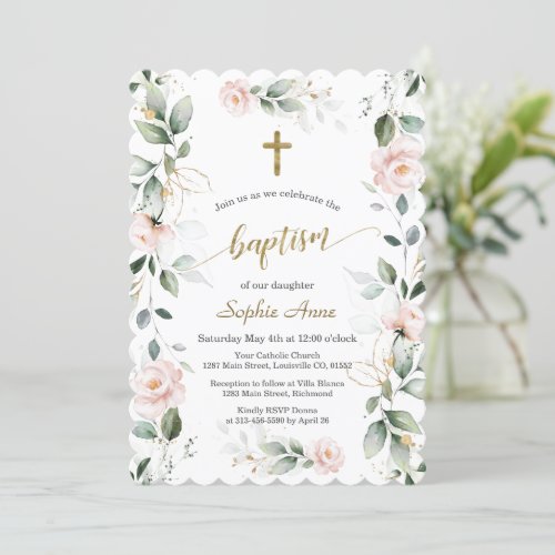 Whimsical Greenery Pink Floral Gold Cross Baptism  Invitation