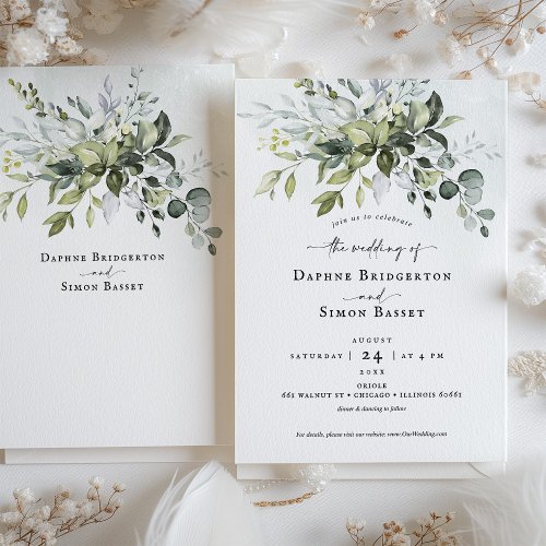 Whimsical Greenery Script Wedding Invitation