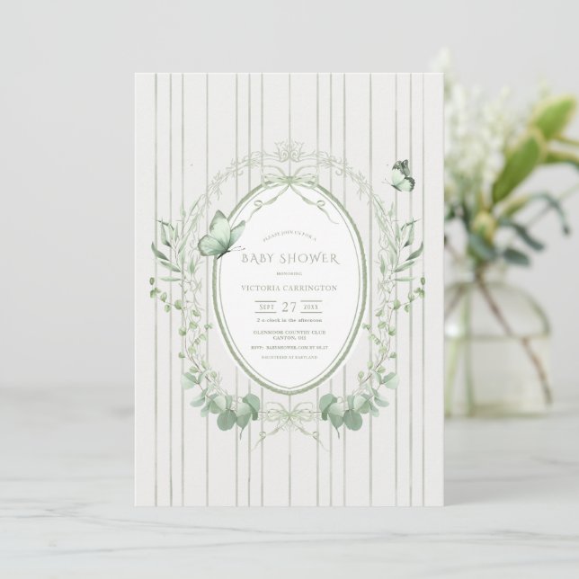 Whimsical Greenery Vintage Baby Shower Invitation (Standing Front)