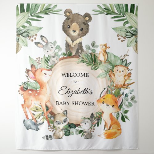 Whimsical Greenery Woodland Baby Animals Welcome Tapestry