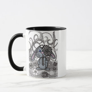 Whimsical Grey Bunny Rabbit Zentangle Checkerboard Mug