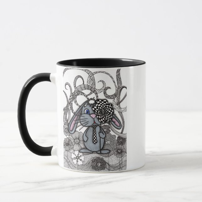 Whimsical Grey Bunny Rabbit Zentangle Checkerboard Mug (Left)