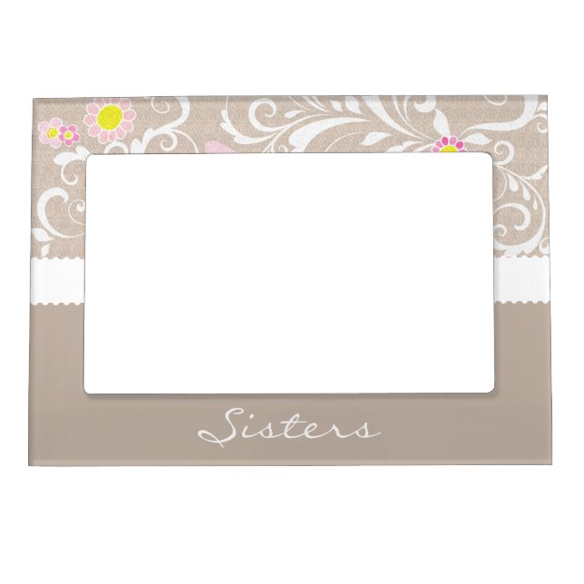 Whimsical Grey Floral Sisters Magnetic Photo Frame (Front)