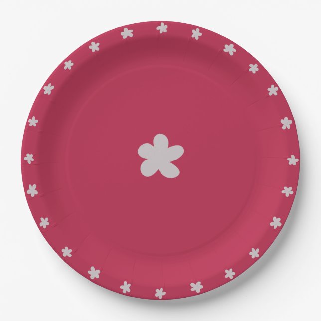 Whimsical Grey-Lilac Doodled Flowers on Dark Red Paper Plates (Front)