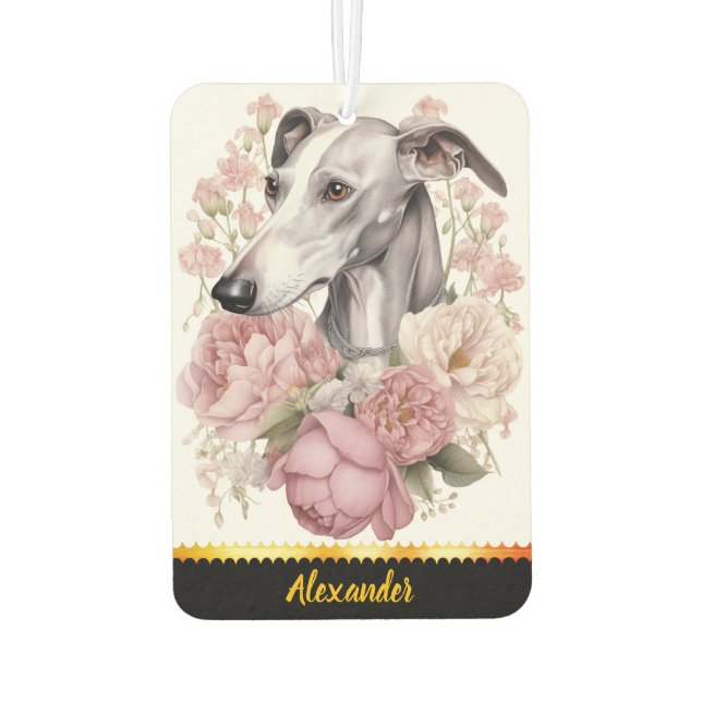 Whimsical greyhound portrait surrounded by flowers air freshener (Back)