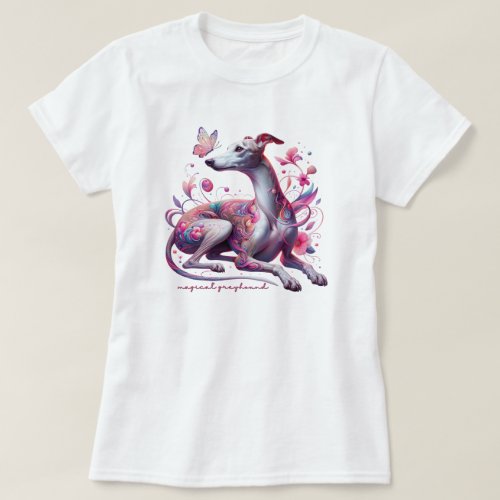 Whimsical Greyhound with Flowers and Butterfly T_Shirt
