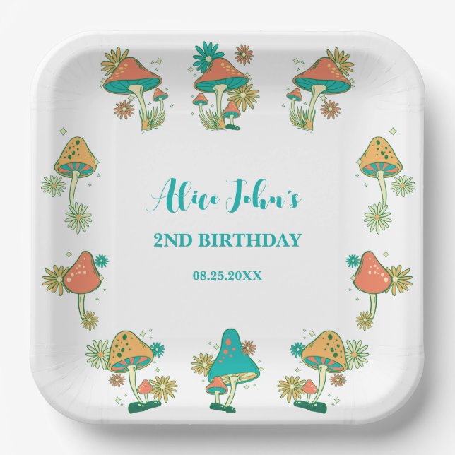 Whimsical Groovy Psychedelic Mushroom Birthday Paper Plates (Front)