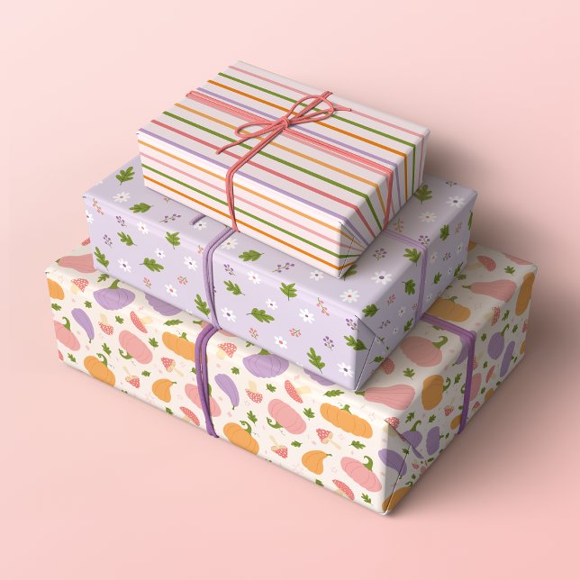 Whimsical Halloween and Fall Patterns Wrapping Paper Sheets (Set of 3 Whimsical Fall and Halloween Patterns in Pastel Pink, Lavender and Orange)