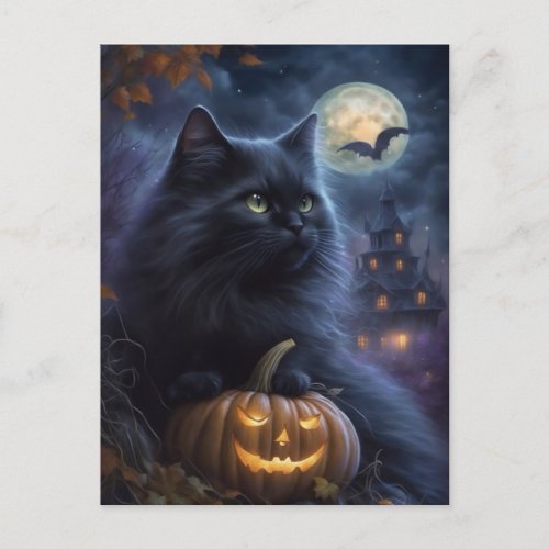 Whimsical Halloween Black Cat and Full Moon Holiday Postcard
