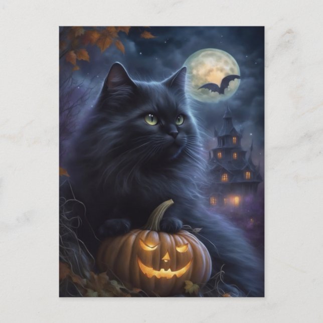 Whimsical Halloween Black Cat and Full Moon Holiday Postcard (Front)